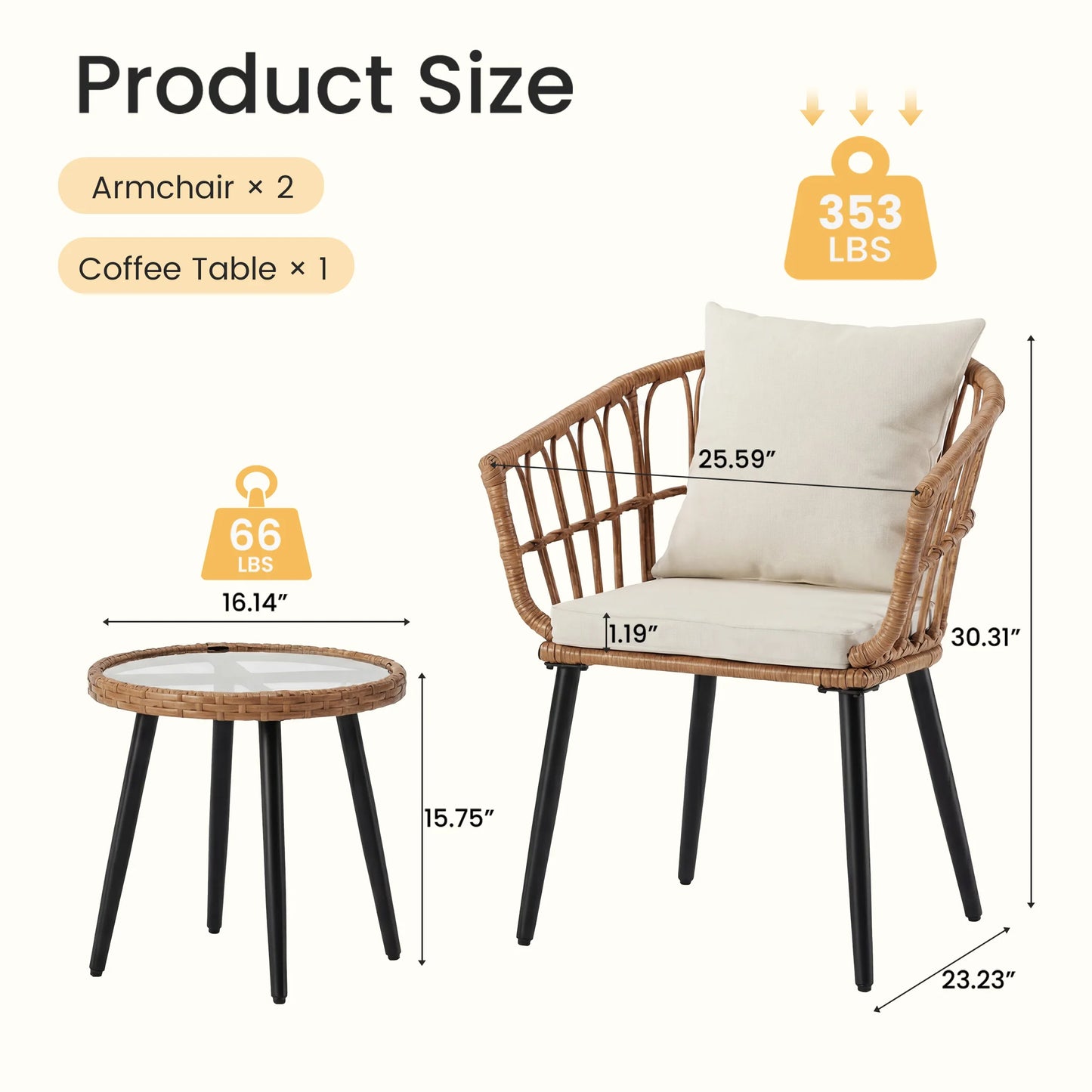 JHK 3 Pieces Wicker Patio Outdoor Chairs and Table