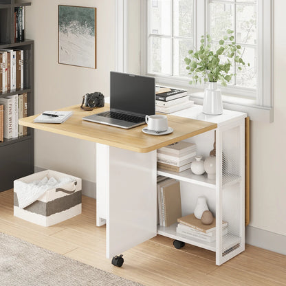 Rolling Folding Kitchen Table With 2 Integrated Shelves