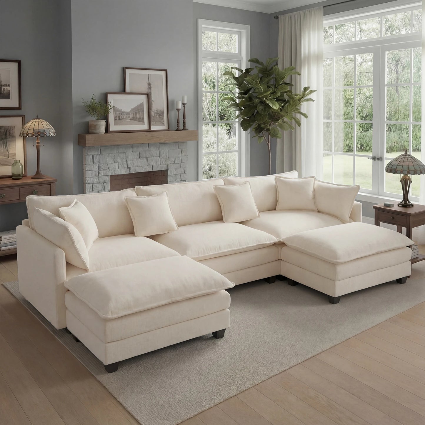 Sectional Sofa with Ottoman,  Deep Seat, Wood Frame