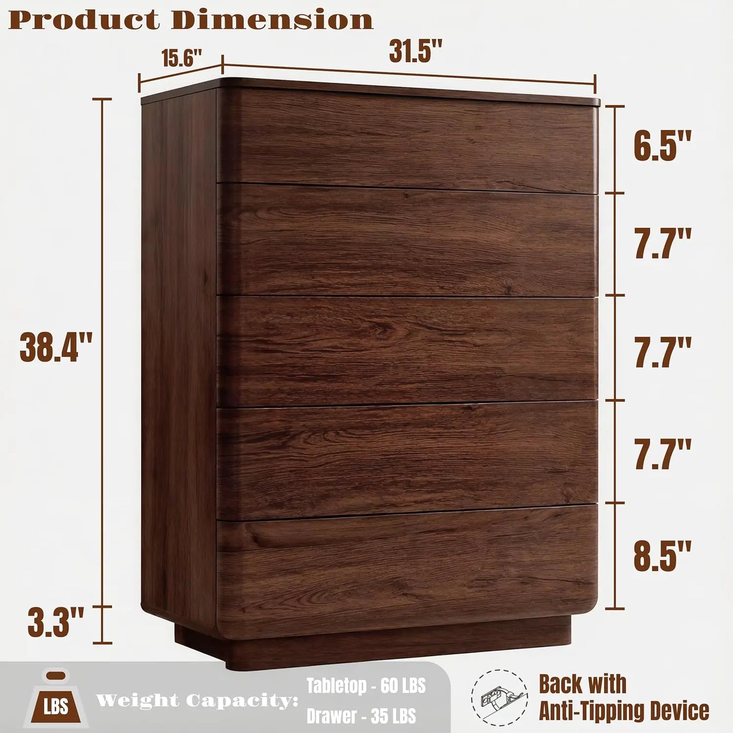 5 Drawer Dresser Bedroom 42in Tall Wood Hidden Handle Large Storage Chest Living Room Hallway Curved Dark Walnut, Customized