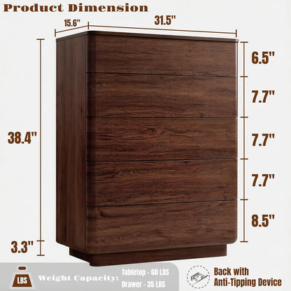 5 Drawer Dresser Bedroom 42in Tall Wood Hidden Handle Large Storage Chest Living Room Hallway Curved Dark Walnut, Customized