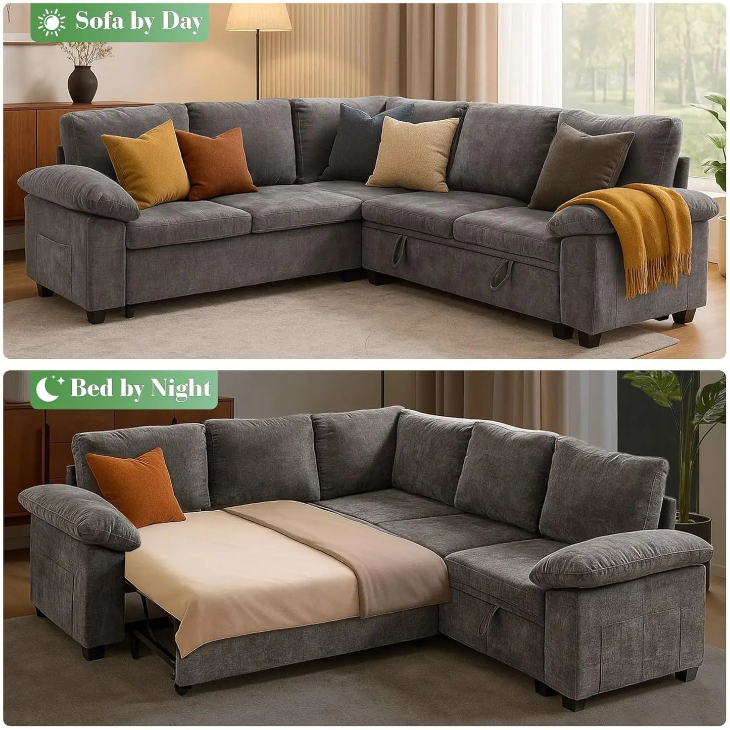 Sectional Sofa with Pull Out Bed & Storage