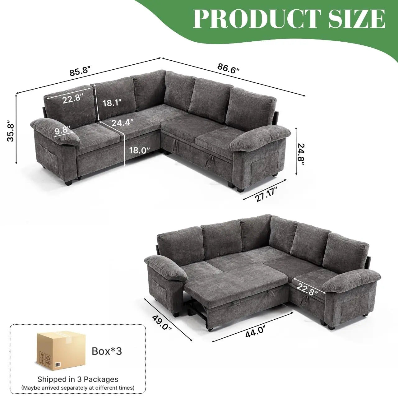 Sectional Sofa with Pull Out Bed & Storage