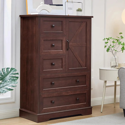 Dresser with 5 Wooden Drawers and Storage Cabinet