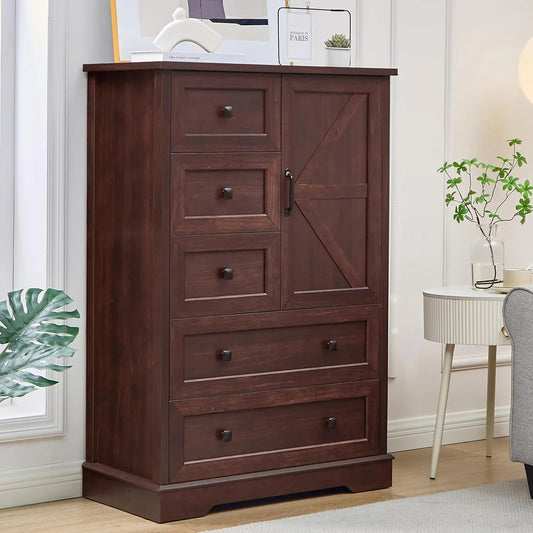Dresser with 5 Wooden Drawers and Storage Cabinet