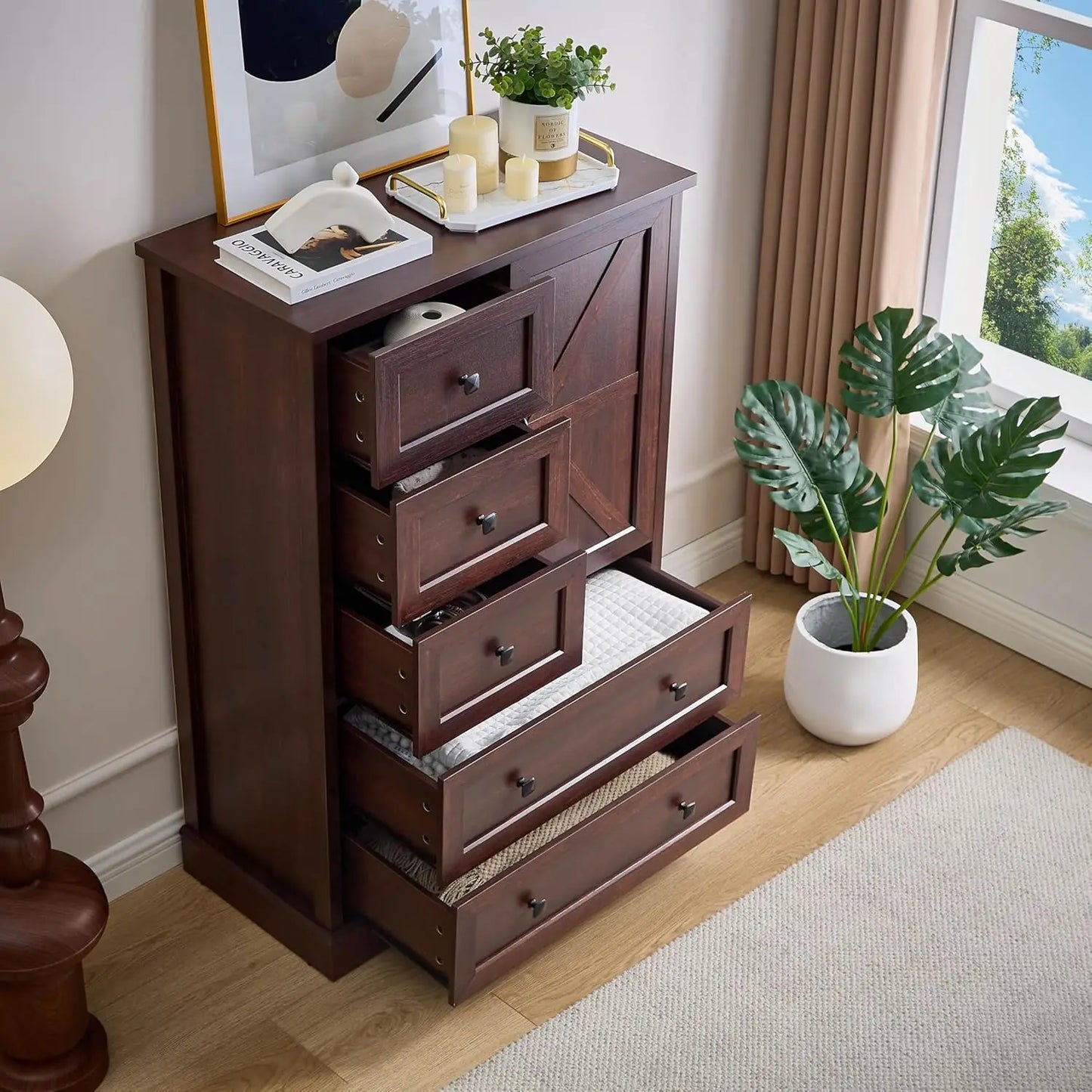Dresser with 5 Wooden Drawers and Storage Cabinet