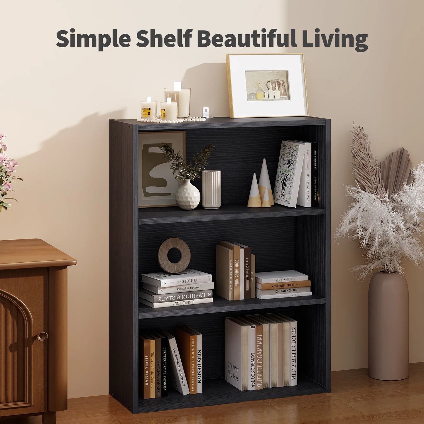 Wooden 3 Tiers Bookshelf Storage 31.5 Inch Tall