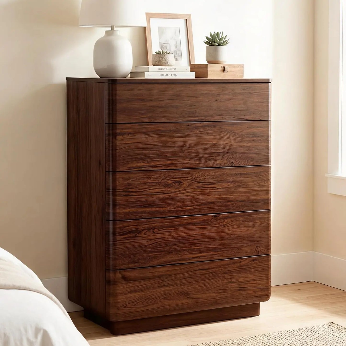 5 Drawer Dresser Bedroom 42in Tall Wood Hidden Handle Large Storage Chest Living Room Hallway Curved Dark Walnut, Customized