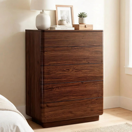 5 Drawer Dresser Bedroom 42in Tall Wood Hidden Handle Large Storage Chest Living Room Hallway Curved Dark Walnut, Customized