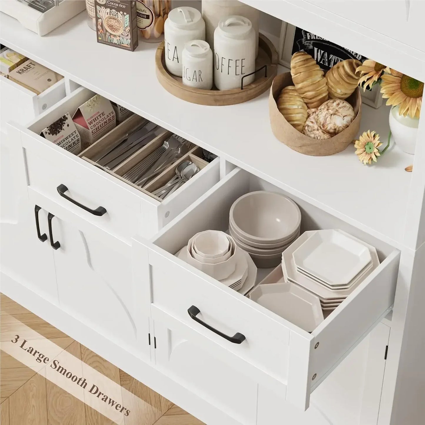 55“ Wide Kitchen Hutch Cabinet with Storage Drawers