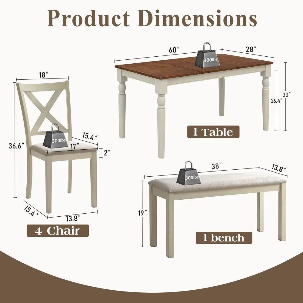 60 Solid Wood Dining Table Set for 6, with 4 Upholstered Chairs and Bench,