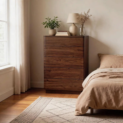 5 Drawer Dresser Bedroom 42in Tall Wood Hidden Handle Large Storage Chest Living Room Hallway Curved Dark Walnut, Customized