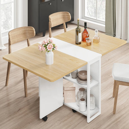 Rolling Folding Kitchen Table With 2 Integrated Shelves