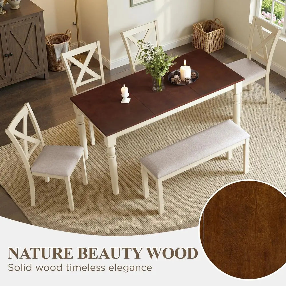 60 Solid Wood Dining Table Set for 6, with 4 Upholstered Chairs and Bench,