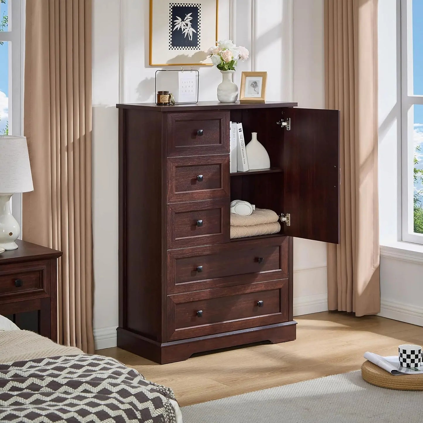 Dresser with 5 Wooden Drawers and Storage Cabinet