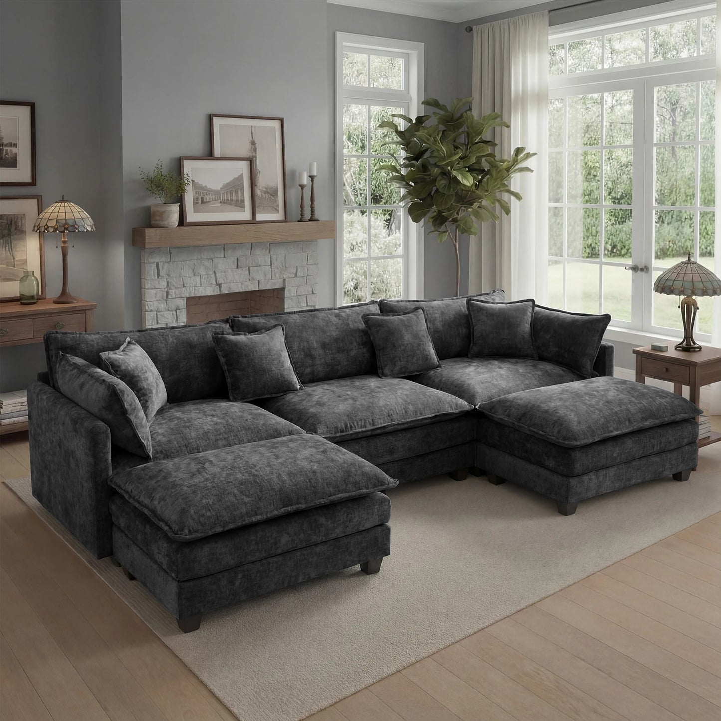 Sectional Sofa with Ottoman,  Deep Seat, Wood Frame